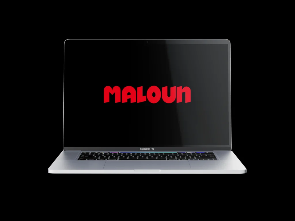 a laptop with a black screen and company logo